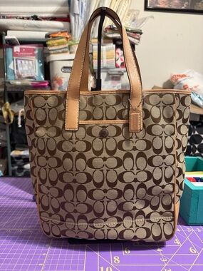 Coach Beige and Brown Signature Canvas Tote with Tan Leather Trim